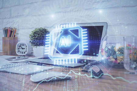 Multi exposure of desktop with personal computer and tech theme drawing. Concept of Bigdata.の写真素材