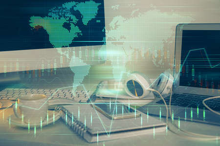 Multi exposure of chart and financial info and work space with computer background. Concept of...
