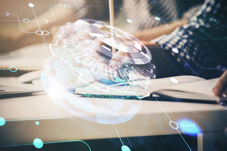 Writing mans hands background with technology icons. Double exposure. Concept of big data.