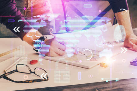 Mans hands with international data network theme double exposure icon. Concept of globalization.