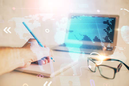Mans hands with international data network theme double exposure icon. Concept of globalization.