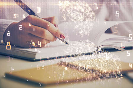 Technology theme hologram over womans hands taking notes background. Concept of Tech. Double...