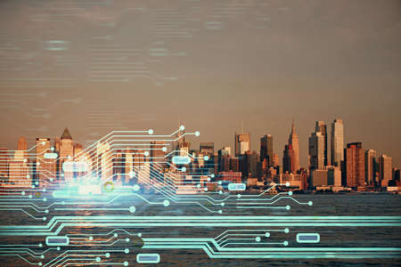 Data theme hologram drawing on city view with skyscrapers background multi exposure. Bigdata...