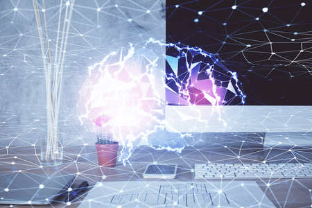 Double exposure of desktop computer and human brain drawing hologram. Ai concept.