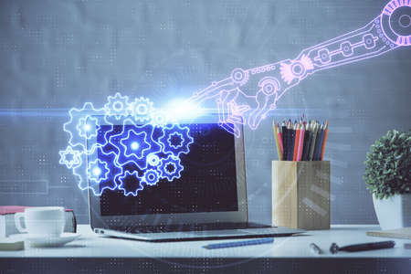 Double exposure of desktop with personal computer on background and tech theme drawing. Concept of...