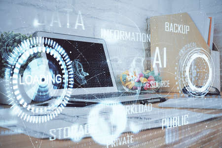 Multi exposure of desktop with personal computer and tech theme drawing. Concept of Bigdata.