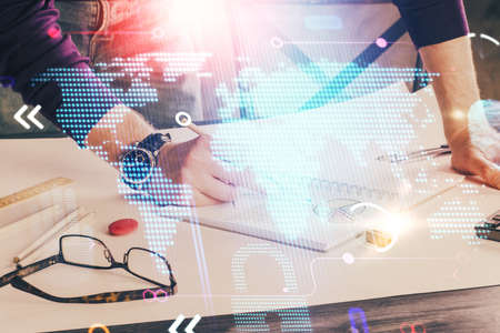 Mans hands with international data network theme double exposure icon. Concept of globalization.