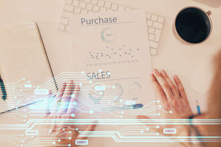 Mans hands with tech theme multi exposure icons. Concept of big data and technology.
