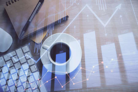 Multi exposure of forex chart drawing and work table top veiw. Concept of financial analysis.