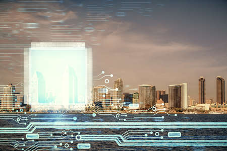 Data theme hologram drawing on city view with skyscrapers background multi exposure. Bigdata...