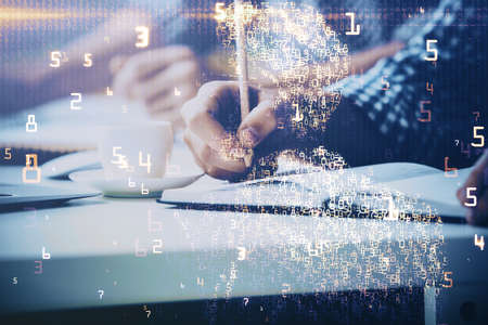 Close up of human hands and abstract innovative technologies for industries. Double exposure.