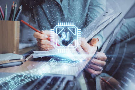 Double exposure of writing hand on background with data technology hologram. Big data concept.