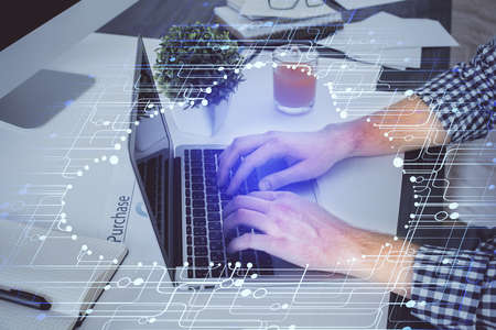 Multi exposure of tech drawings with man working on computer background. Concept of innovation.