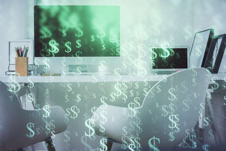 Double exposure of stock market graph drawing and office interior background. Concept of financial analysis.の写真素材