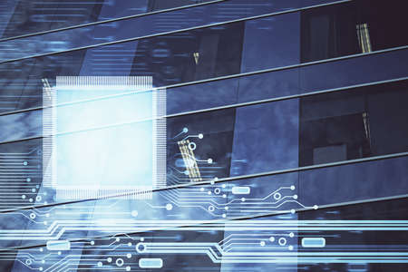 Data theme hologram drawing on city view with skyscrapers background multi exposure. Bigdata...