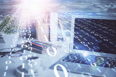 Multi exposure of laptop on background and tech theme drawing. Concept of big data.