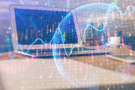 Multi exposure of forex chart and work space with computer. Concept of international online trading.