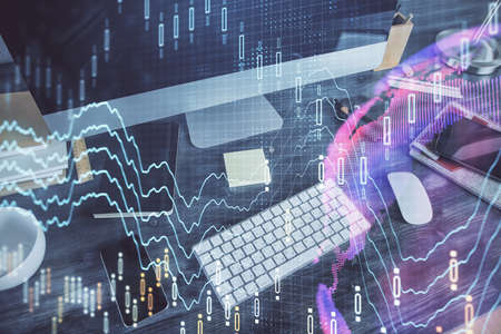 Multi exposure of forex graph and work space with computer. Concept of international online trading.