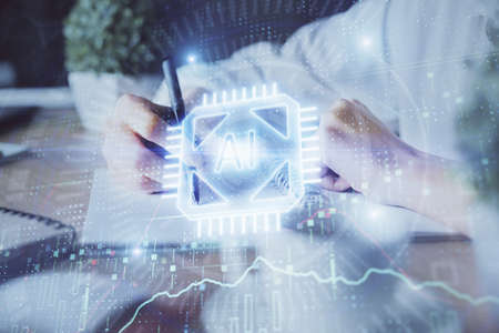Double exposure of womans hands on background with technology and digital coding icons. Data...