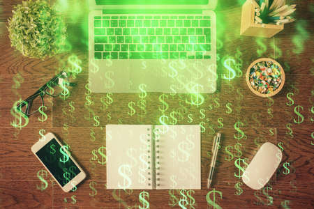 Stock market graph and top view computer on the table background. Multi exposure. Concept of...
