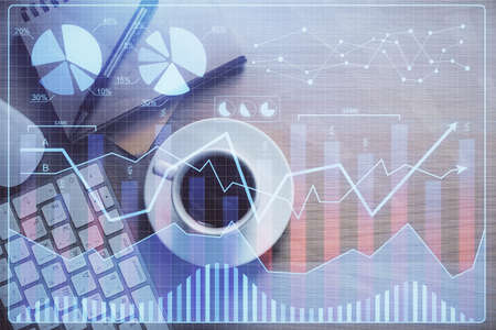 Multi exposure of forex chart drawing and work table top veiw. Concept of financial analysis.