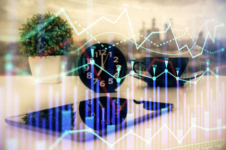 Double exposure of forex graph drawing and cell phone background. Concept of financial data analysis