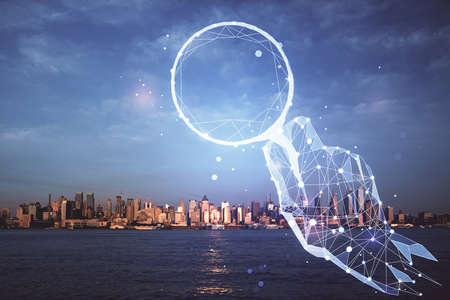 Double exposure of start up theme drawings over cityscape background. Concept of success.