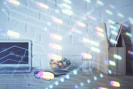 Double exposure of desktop with personal computer on background and tech theme drawing. Concept of...