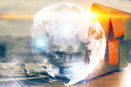 Multi exposure of business theme icons and work space with computer background. Concept of success.