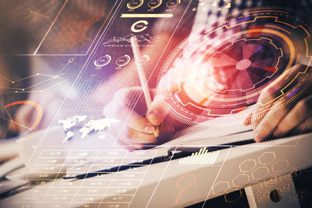 Writing mans hands background with technology icons. Double exposure. Concept of big data.