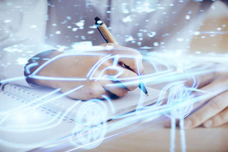 Close up of human hands background and autonomous self drive pilot vehicle concept. Multi exposure.