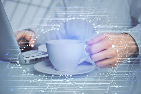 Double exposure of tech drawings with hands working on computer background. Concept of innovation.