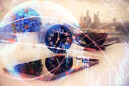 Double exposure of forex graph drawing and cell phone background. Concept of financial data analysis