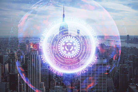 Double exposure of technology theme hologram and cityscape background. Concept of Hightech.の写真素材