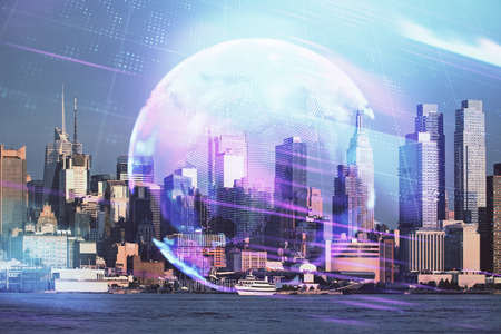 Double exposure of technology theme hologram and cityscape background. Concept of Hightech.の写真素材