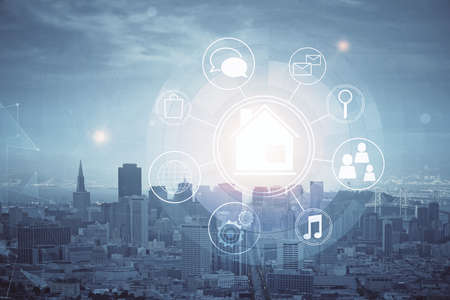 Double exposure of buildings hologram over cityscape background. Concept of smart city.の写真素材