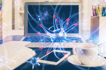 Desktop computer background and neuron drawing. Double exposure. Education concept.