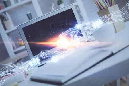 Double exposure of desktop with personal computer on background and tech theme drawing. Concept of...