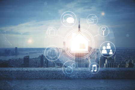 Double exposure of buildings hologram over cityscape background. Concept of smart city.の写真素材