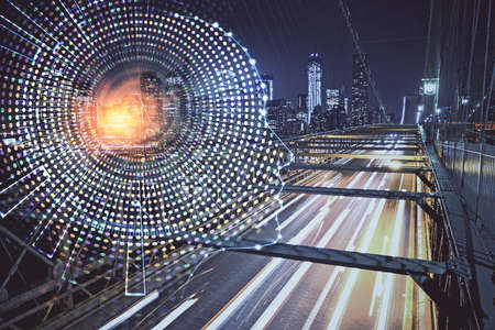 Brain hologram drawing on city scape background Double exposure. Brainstorming concept.の写真素材