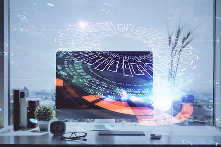 Multi exposure of table with computer on background and data theme drawing. Concept of innovation.の写真素材