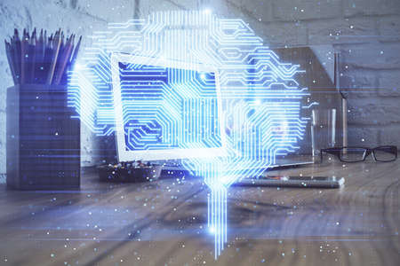 Double exposure of desktop computer and human brain drawing hologram. Ai concept.