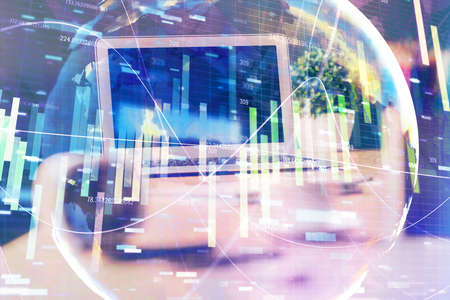 Multi exposure of business theme icons and work space with computer background. Concept of success.