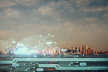 Data theme hologram drawing on city view with skyscrapers background multi exposure. Bigdata...