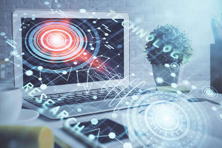 Multi exposure of desktop with personal computer and tech theme drawing. Concept of Bigdata.