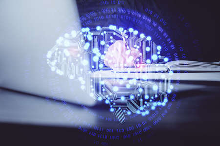 Brain multi exposure icon with man hands background. Concept of learning.の写真素材
