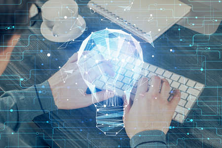 Growing arrows with businessman working on computer on background. Success concept. Double exposure.
