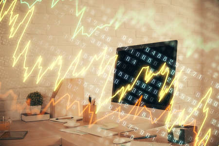Double exposure of stock market graph drawing and office interior background. Concept of financial...