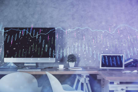 Multi exposure of financial graph drawing and office interior background. Concept of market analysis.の写真素材