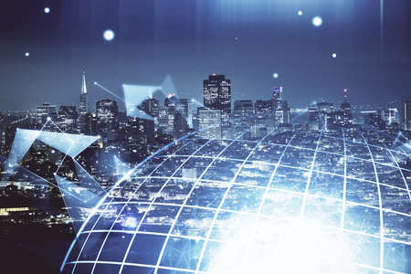 Map and data theme hologram on city view with skyscrapers background double exposure. International...
